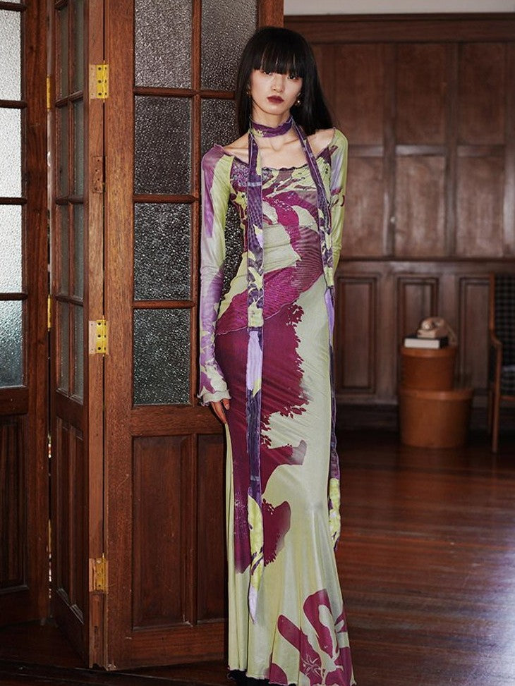 badtaste New Chinese Print Mesh Convertible Slim Women's Tulle Strapless Maxi Dresses