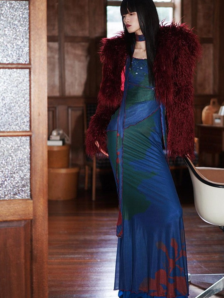 badtaste New Chinese Print Mesh Convertible Slim Women's Tulle Strapless Maxi Dresses