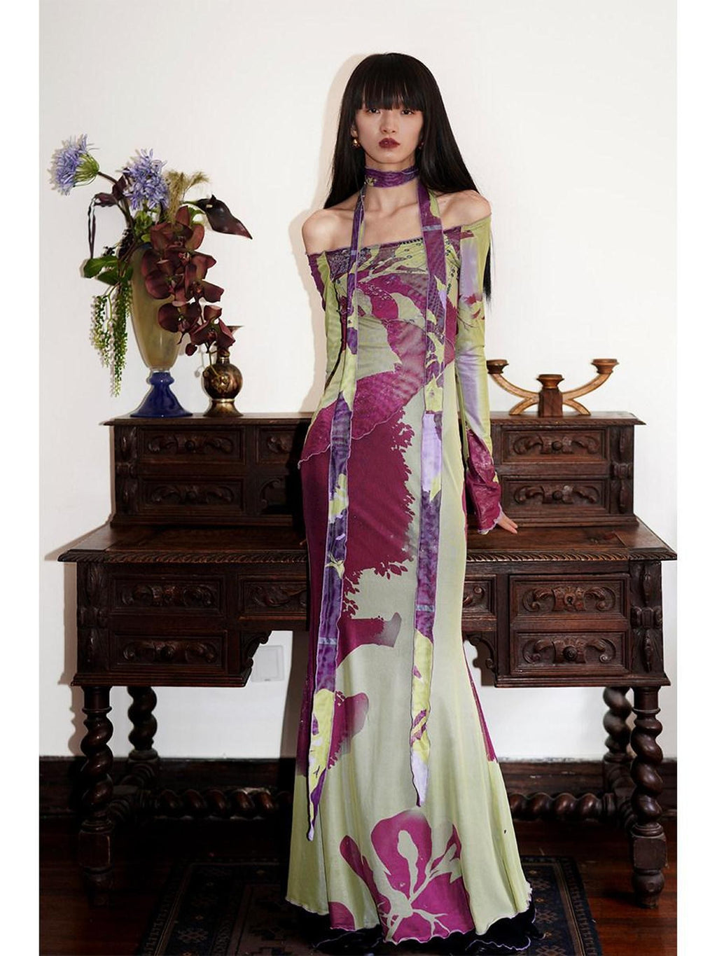 badtaste New Chinese Print Mesh Convertible Slim Women's Tulle Strapless Maxi Dresses