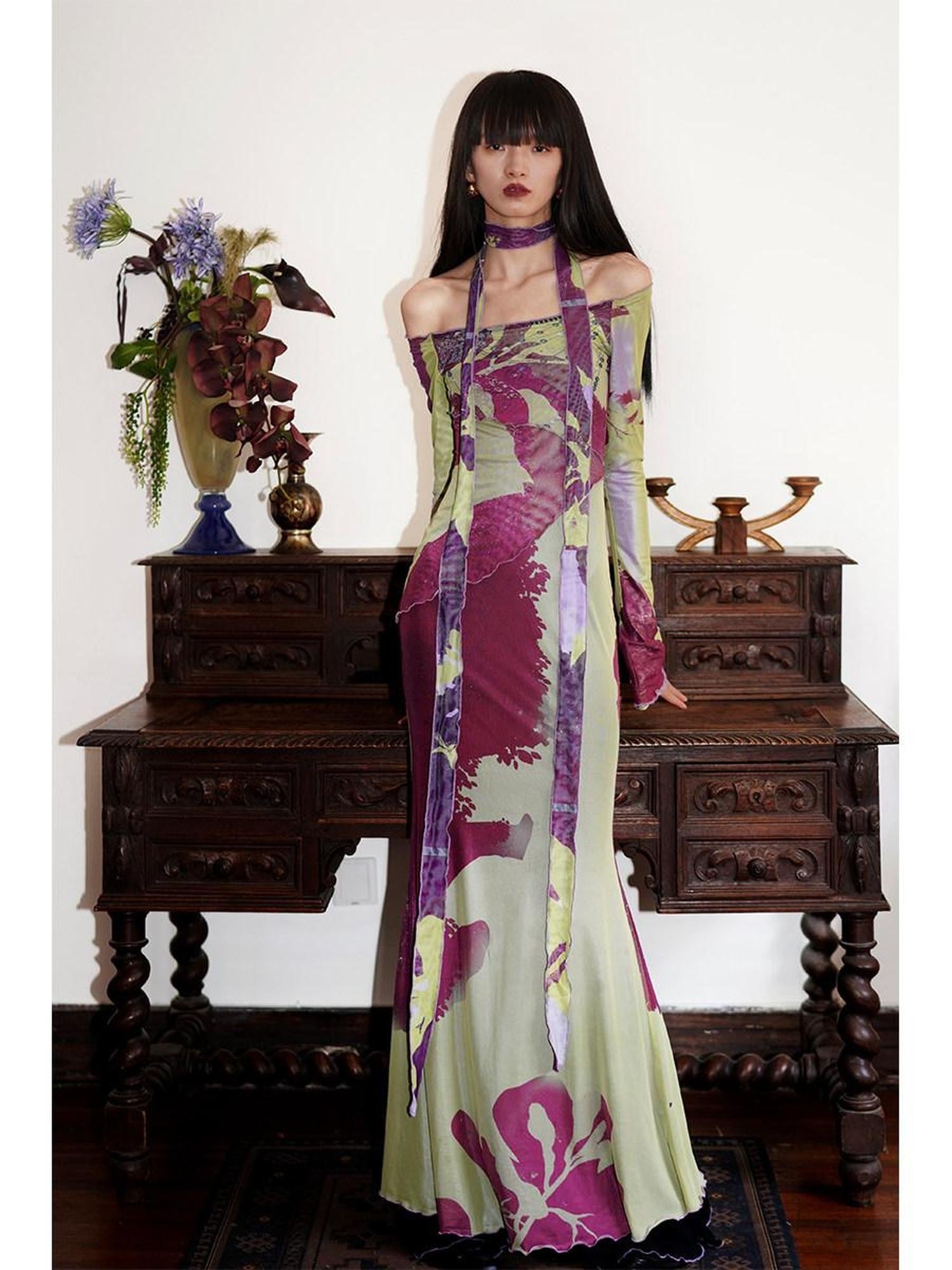 badtaste New Chinese Print Mesh Convertible Slim Women's Tulle Strapless Maxi Dresses