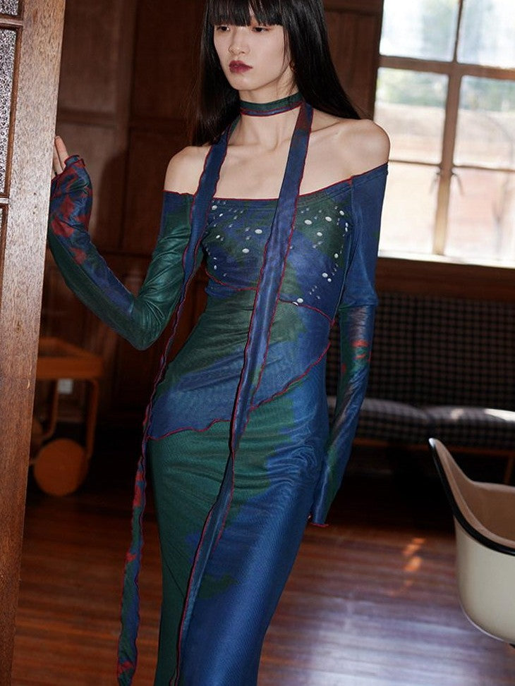 badtaste New Chinese Print Mesh Convertible Slim Women's Tulle Strapless Maxi Dresses