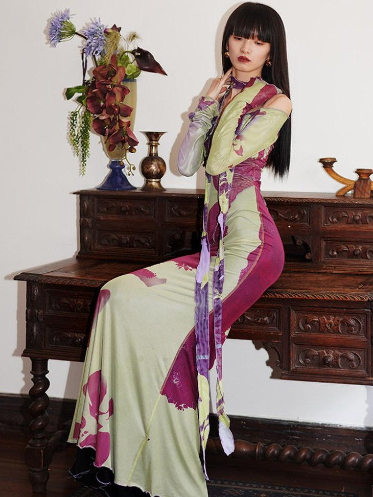 badtaste New Chinese Print Mesh Convertible Slim Women's Tulle Strapless Maxi Dresses