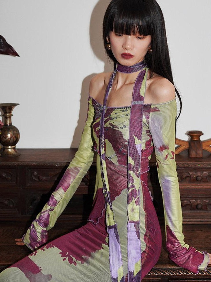 badtaste New Chinese Print Mesh Convertible Slim Women's Tulle Strapless Maxi Dresses