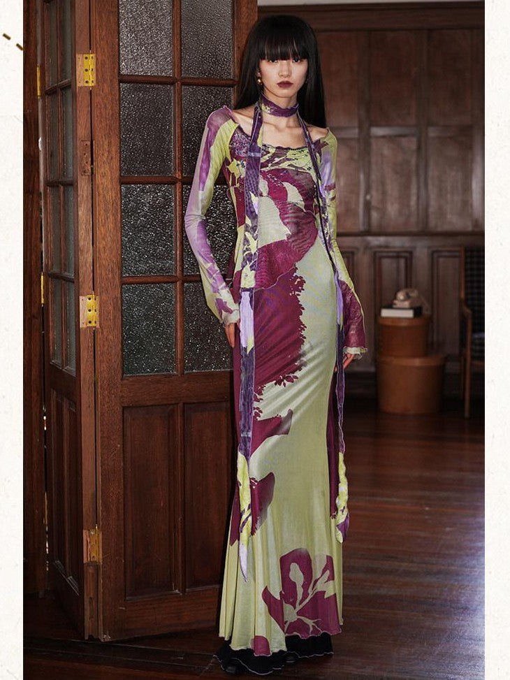 badtaste New Chinese Print Mesh Convertible Slim Women's Tulle Strapless Maxi Dresses