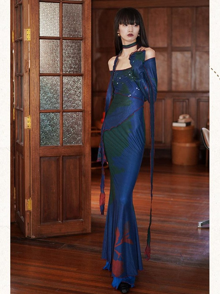 badtaste New Chinese Print Mesh Convertible Slim Women's Tulle Strapless Maxi Dresses