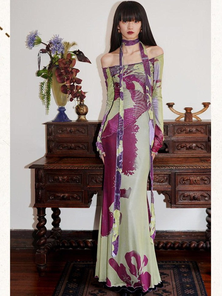 badtaste New Chinese Print Mesh Convertible Slim Women's Tulle Strapless Maxi Dresses