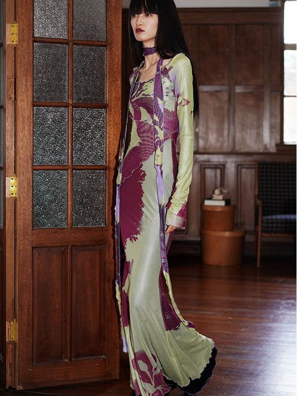 badtaste New Chinese Print Mesh Convertible Slim Women's Tulle Strapless Maxi Dresses