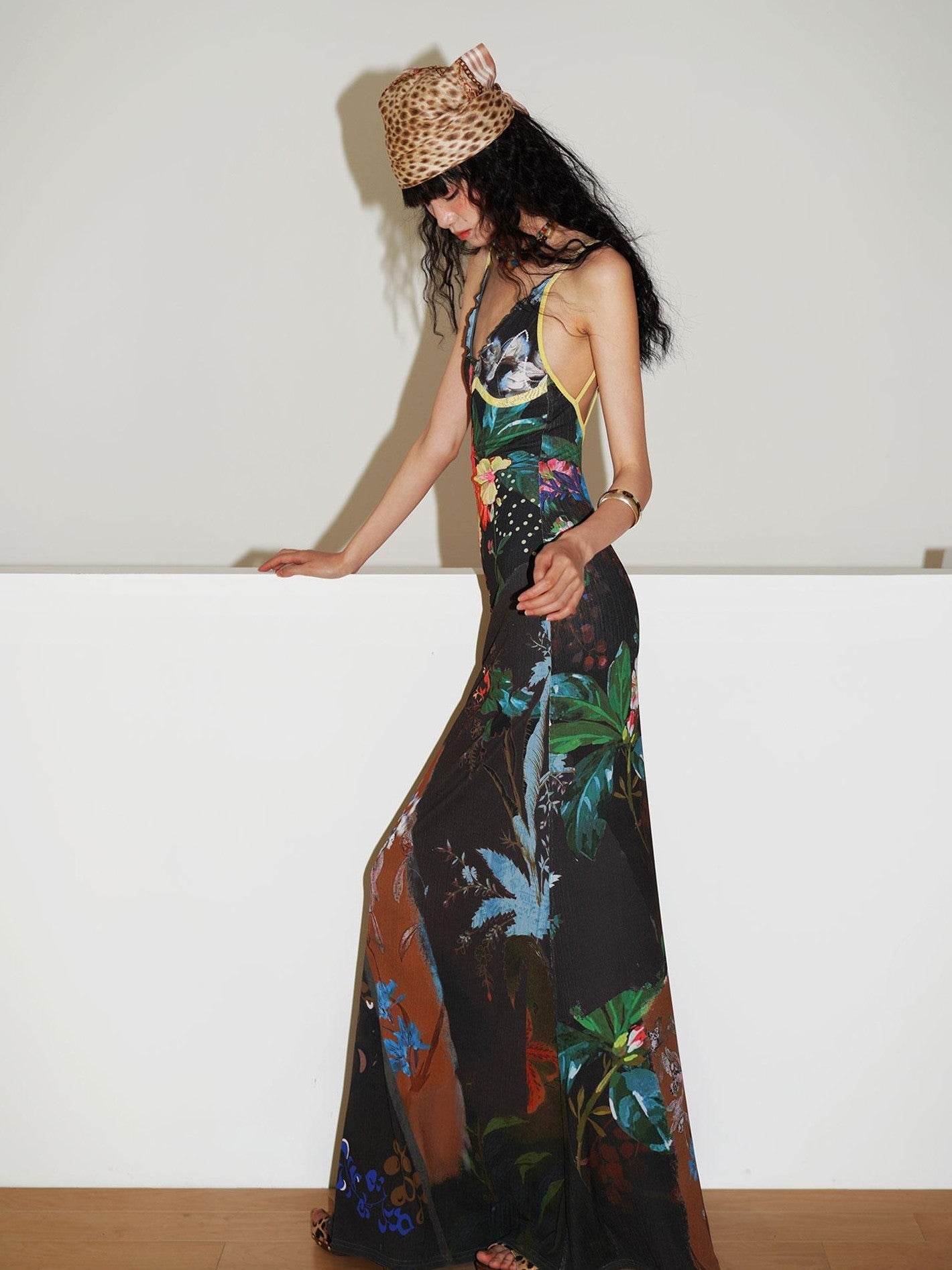 badtaste New Chinese Print V-neck Lace Mermaid Women's Slip Maxi Dresses