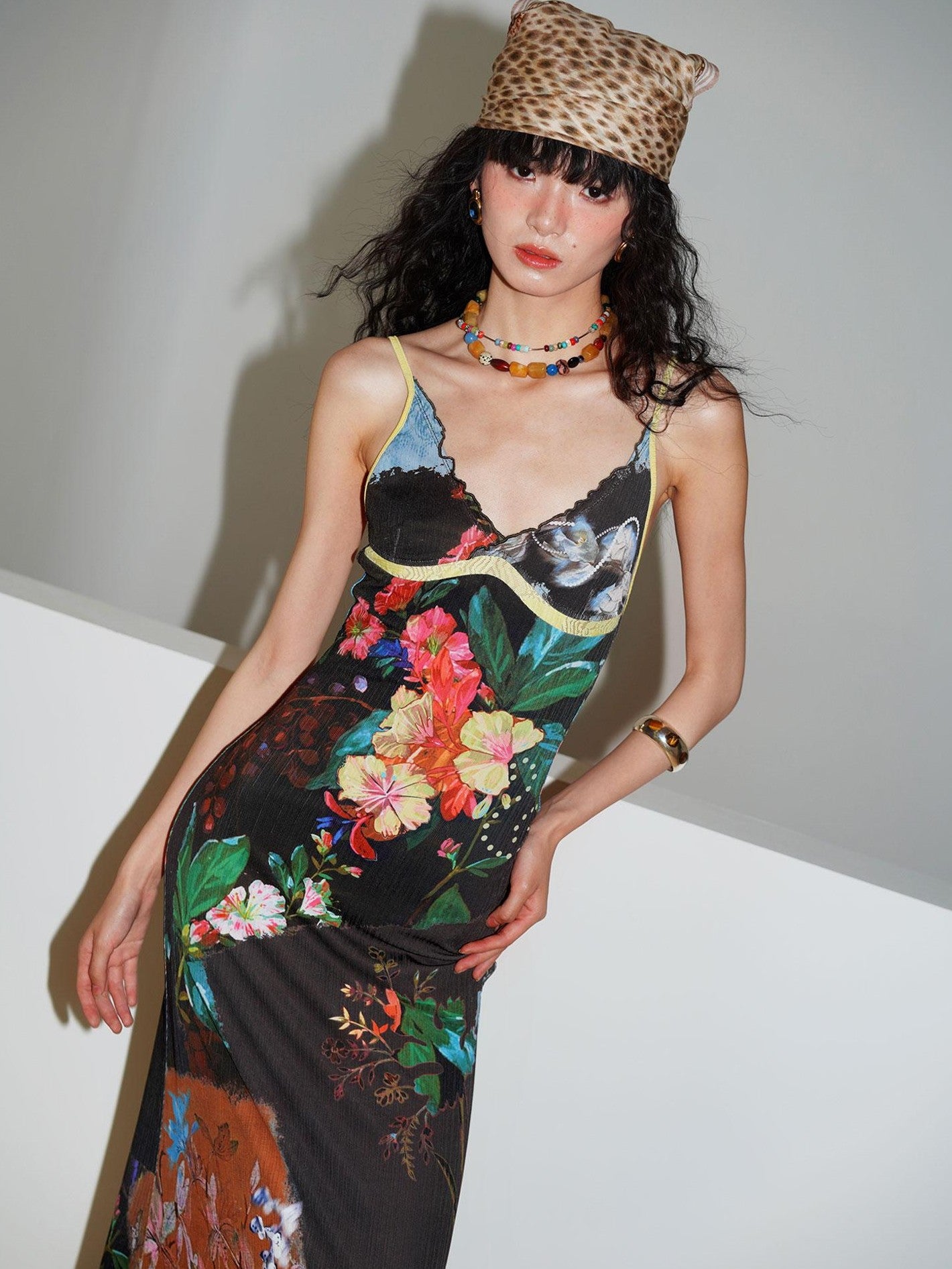 badtaste New Chinese Print V-neck Lace Mermaid Women's Slip Maxi Dresses