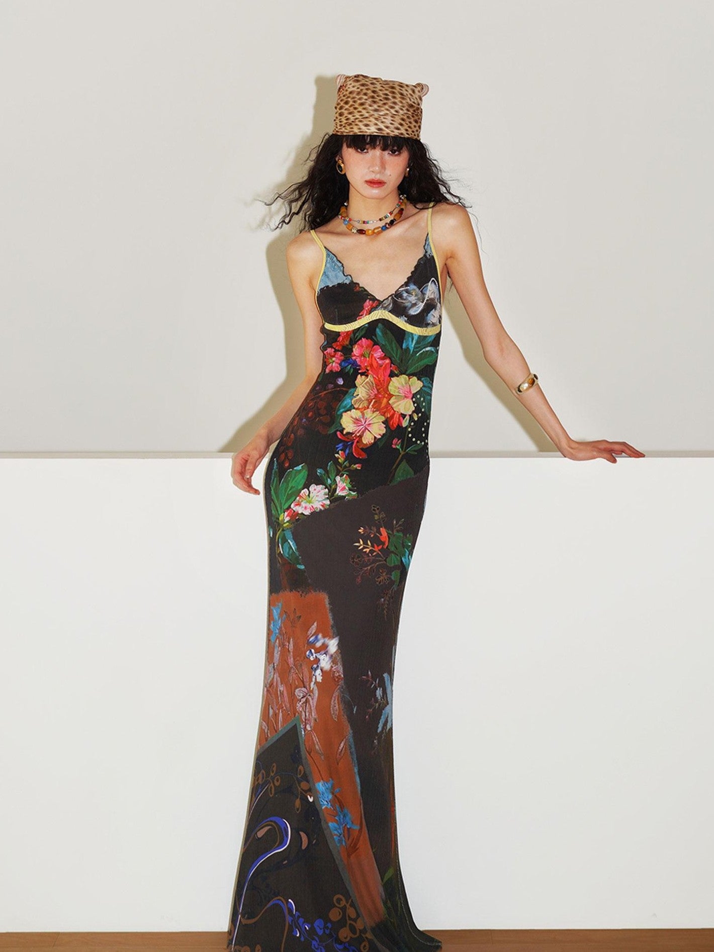 badtaste New Chinese Print V-neck Lace Mermaid Women's Slip Maxi Dresses