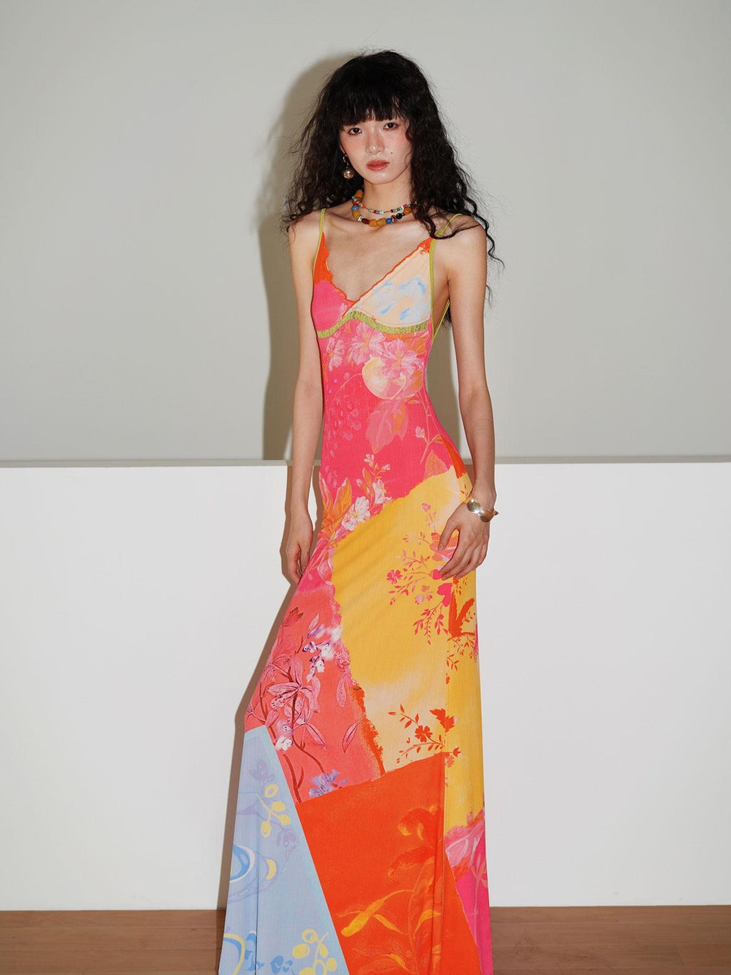 badtaste New Chinese Print V-neck Lace Mermaid Women's Slip Maxi Dresses