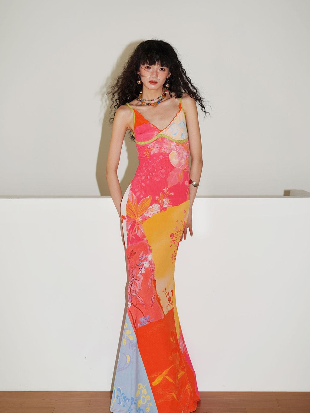 badtaste New Chinese Print V-neck Lace Mermaid Women's Slip Maxi Dresses
