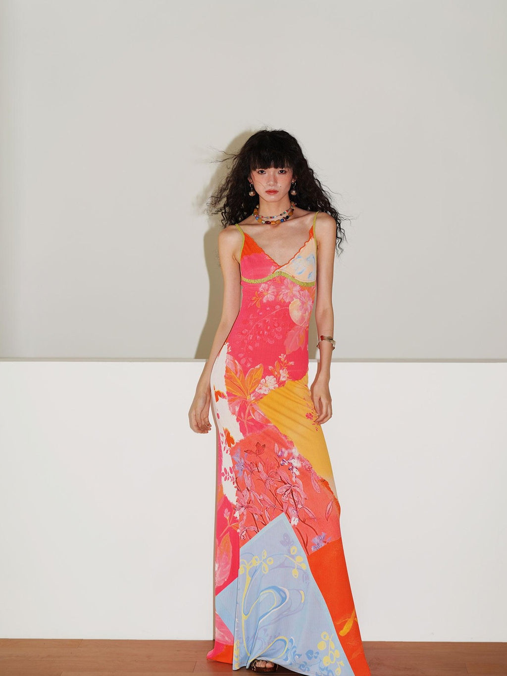 badtaste New Chinese Print V-neck Lace Mermaid Women's Slip Maxi Dresses