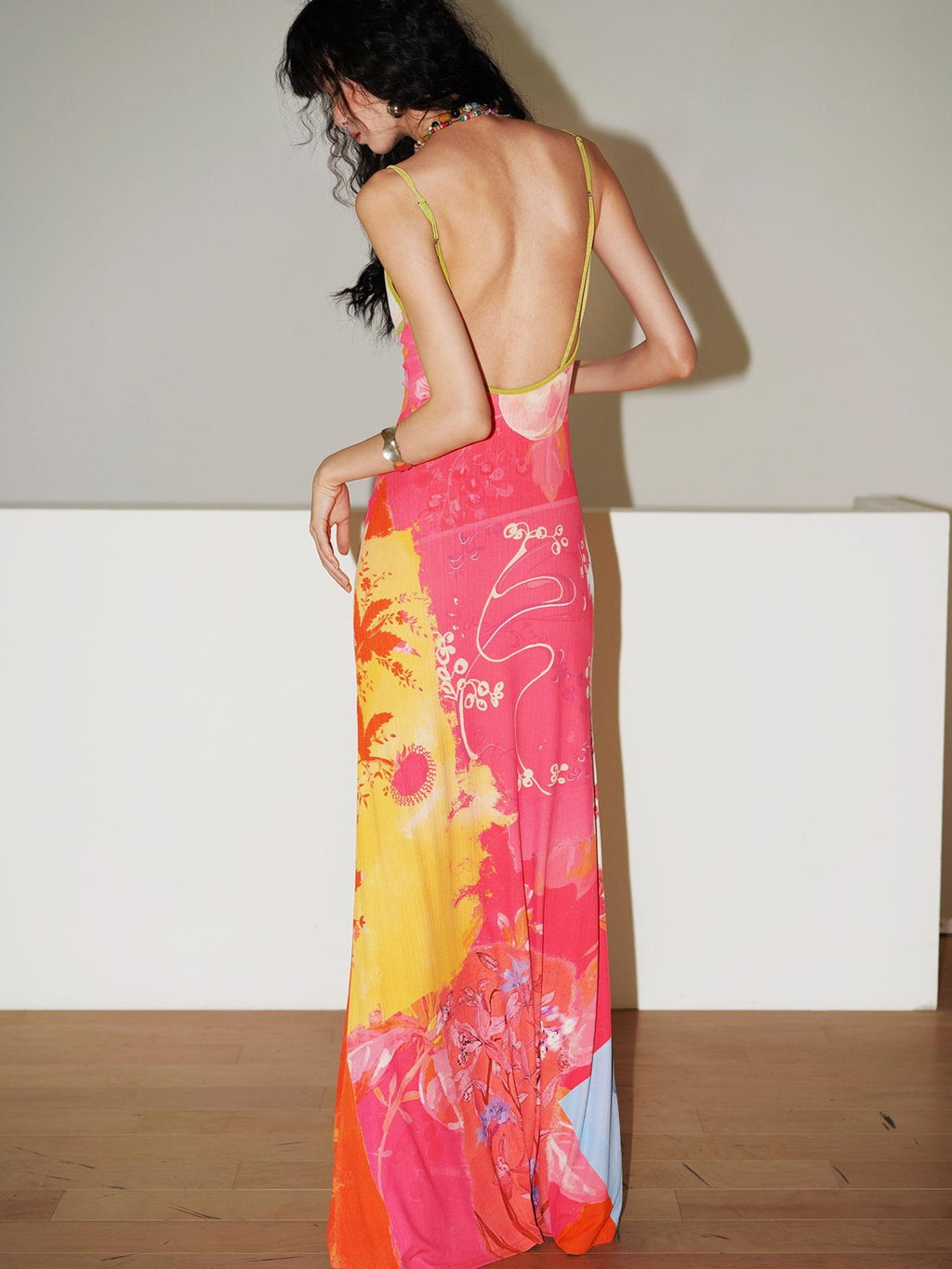 badtaste New Chinese Print V-neck Lace Mermaid Women's Slip Maxi Dresses