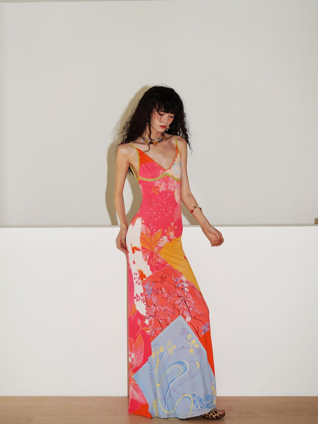 badtaste New Chinese Print V-neck Lace Mermaid Women's Slip Maxi Dresses