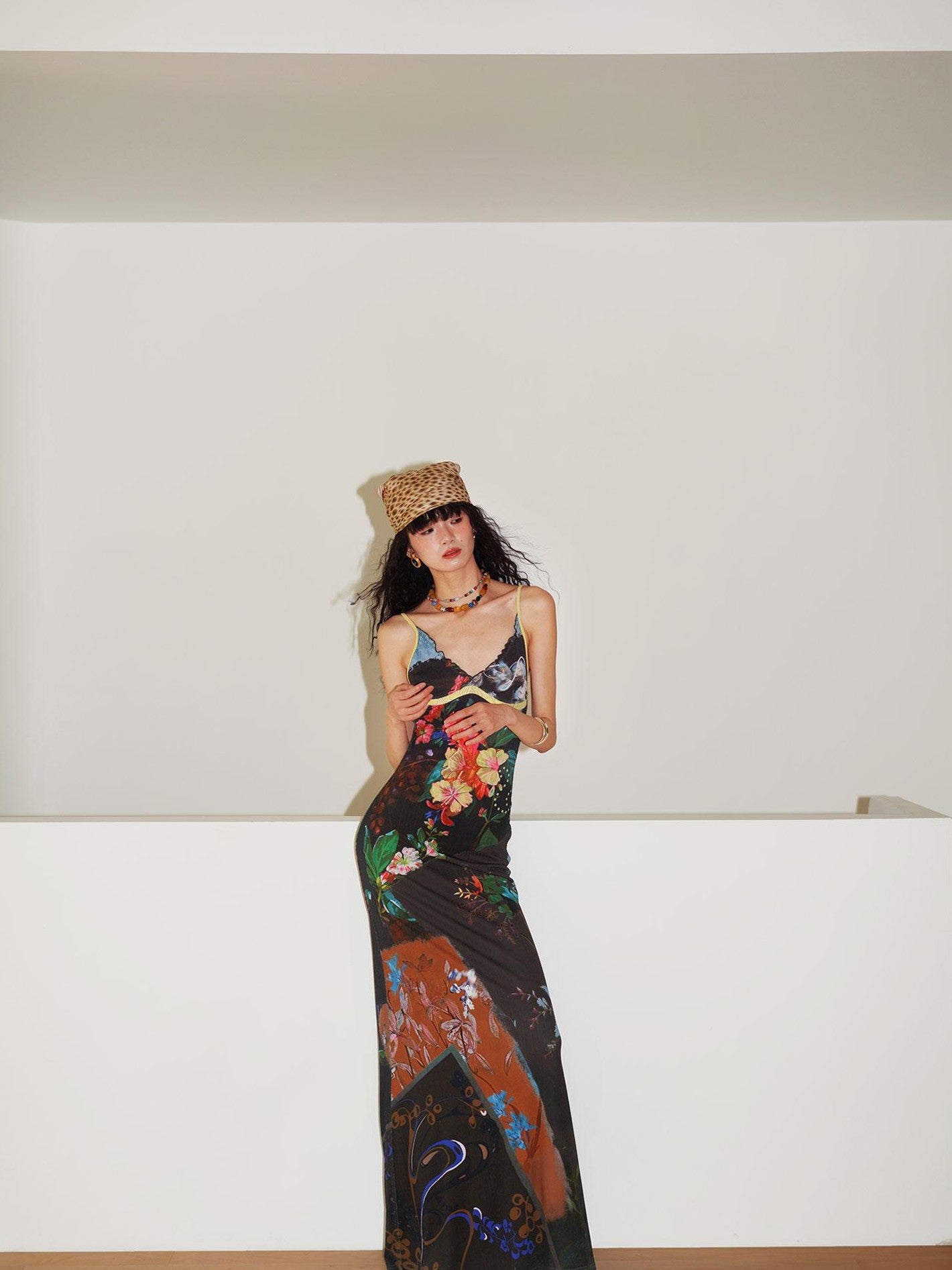 badtaste New Chinese Print V-neck Lace Mermaid Women's Slip Maxi Dresses