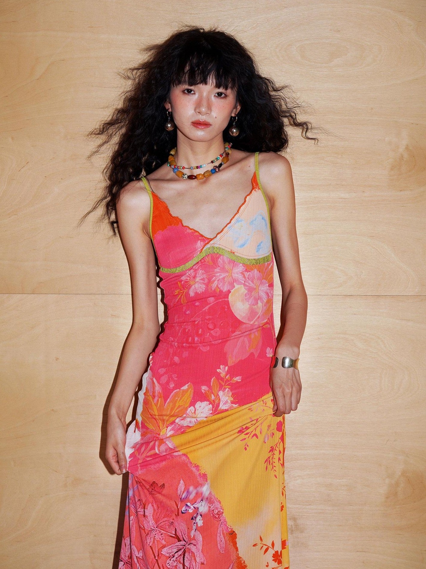 badtaste New Chinese Print V-neck Lace Mermaid Women's Slip Maxi Dresses
