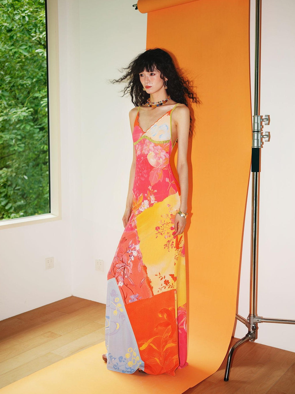 badtaste New Chinese Print V-neck Lace Mermaid Women's Slip Maxi Dresses