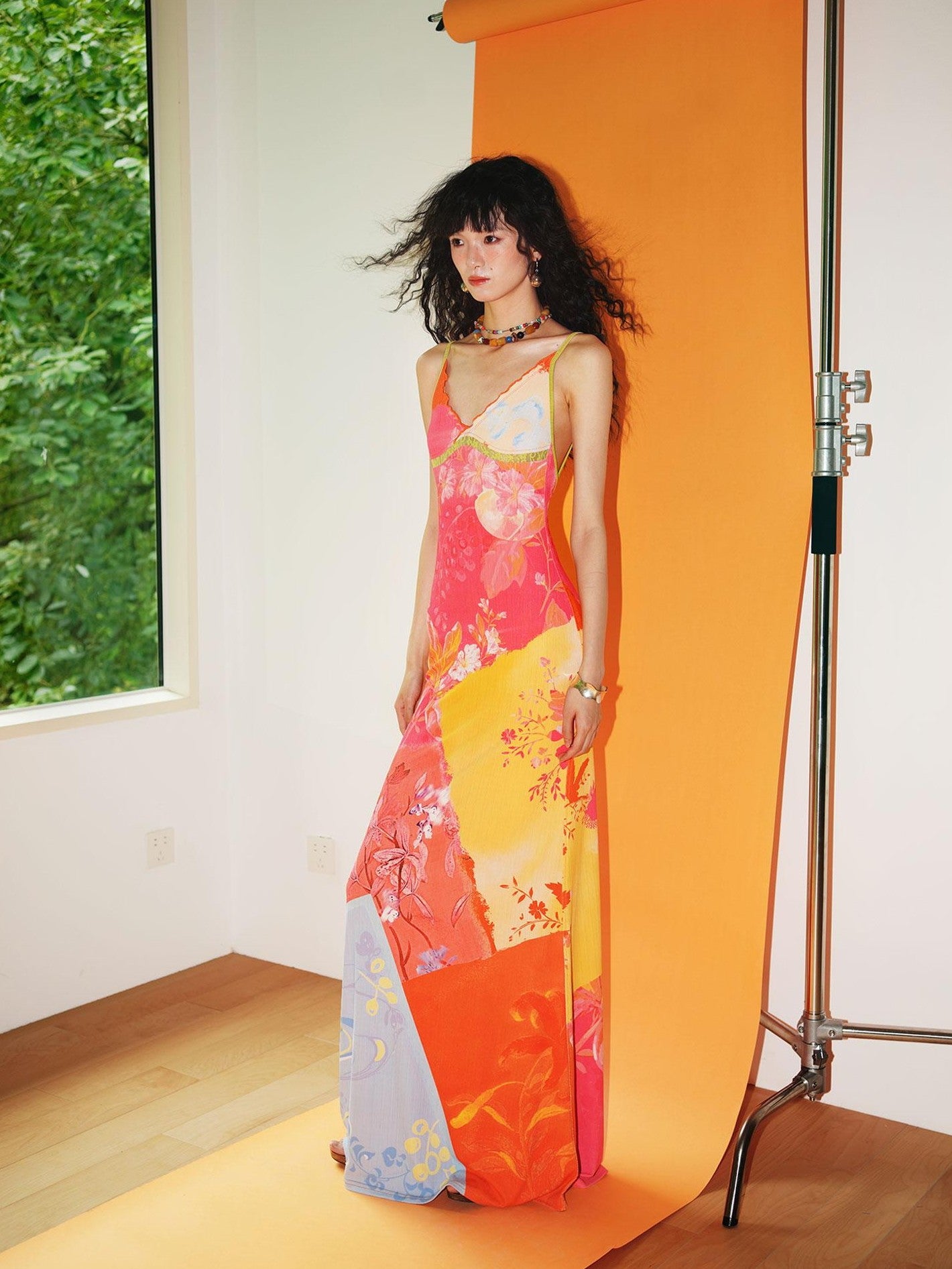 badtaste New Chinese Print V-neck Lace Mermaid Women's Slip Maxi Dresses