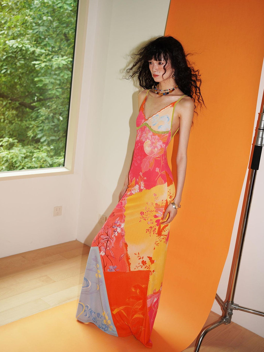 badtaste New Chinese Print V-neck Lace Mermaid Women's Slip Maxi Dresses