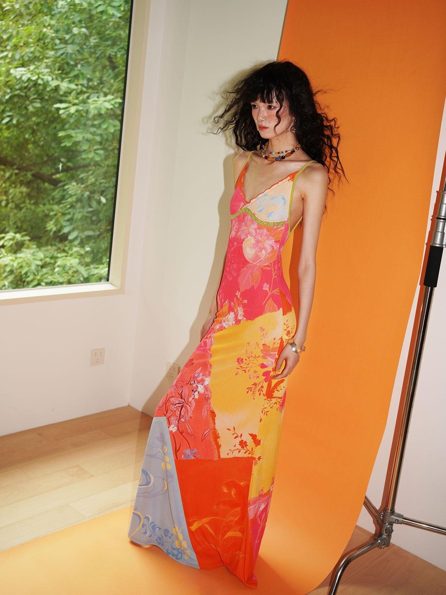 badtaste New Chinese Print V-neck Lace Mermaid Women's Slip Maxi Dresses