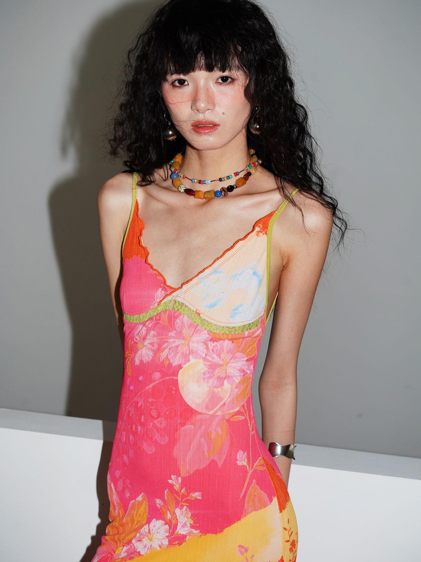 badtaste New Chinese Print V-neck Lace Mermaid Women's Slip Maxi Dresses