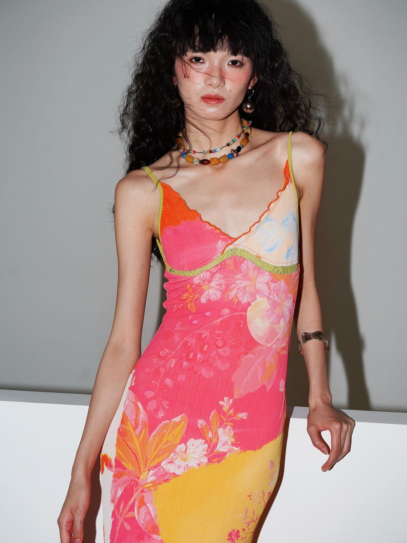 badtaste New Chinese Print V-neck Lace Mermaid Women's Slip Maxi Dresses