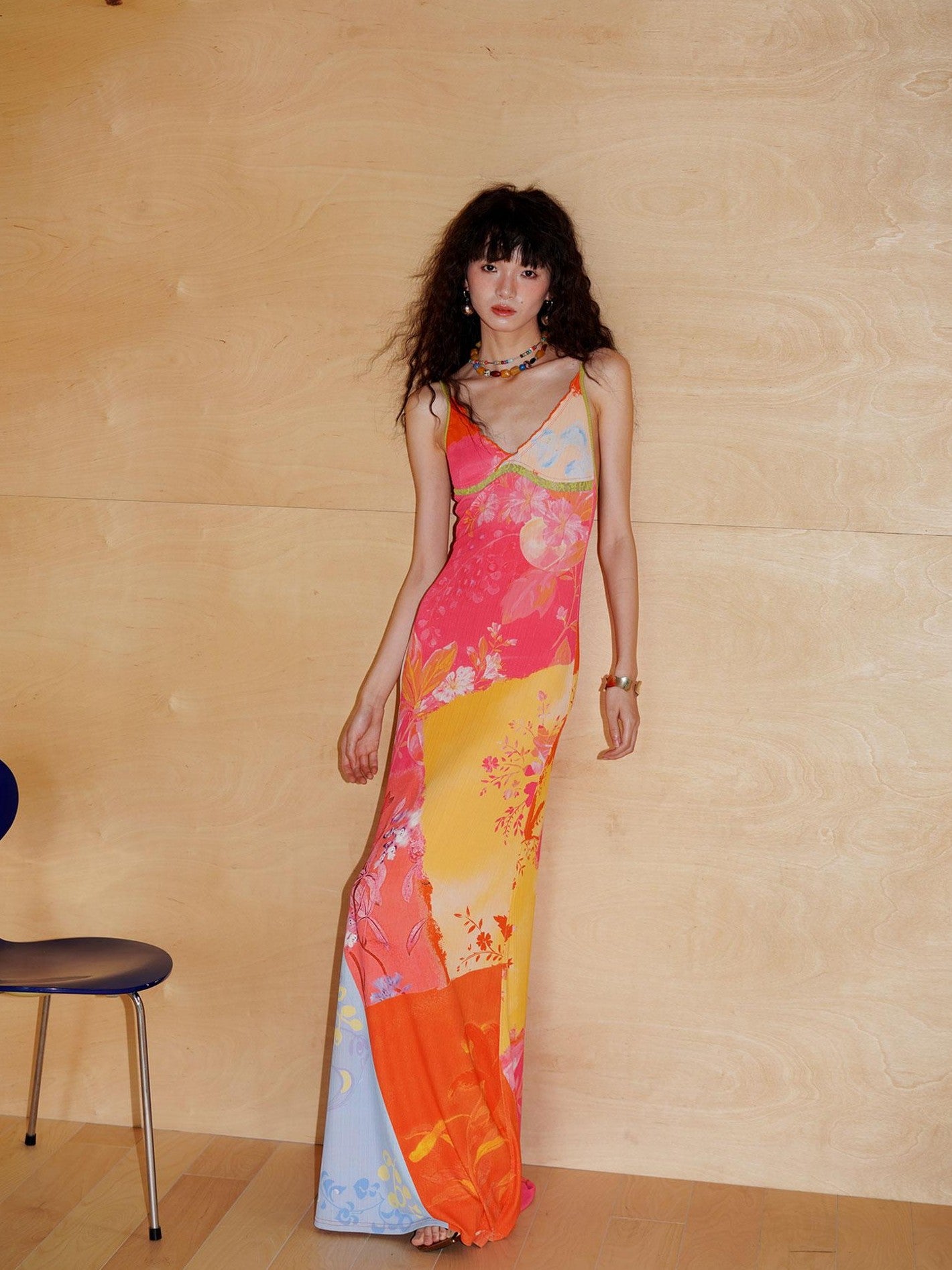 badtaste New Chinese Print V-neck Lace Mermaid Women's Slip Maxi Dresses