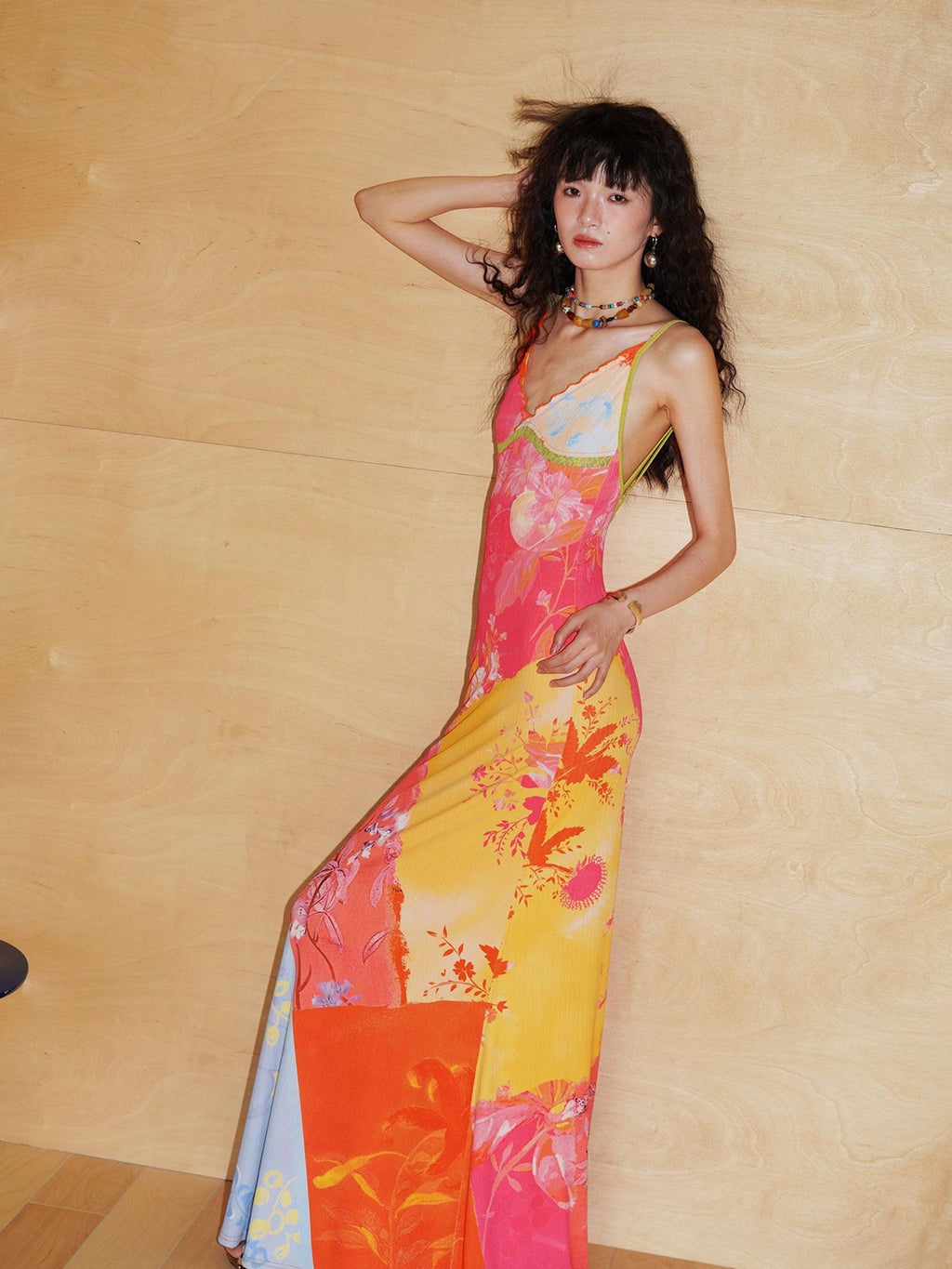 badtaste New Chinese Print V-neck Lace Mermaid Women's Slip Maxi Dresses