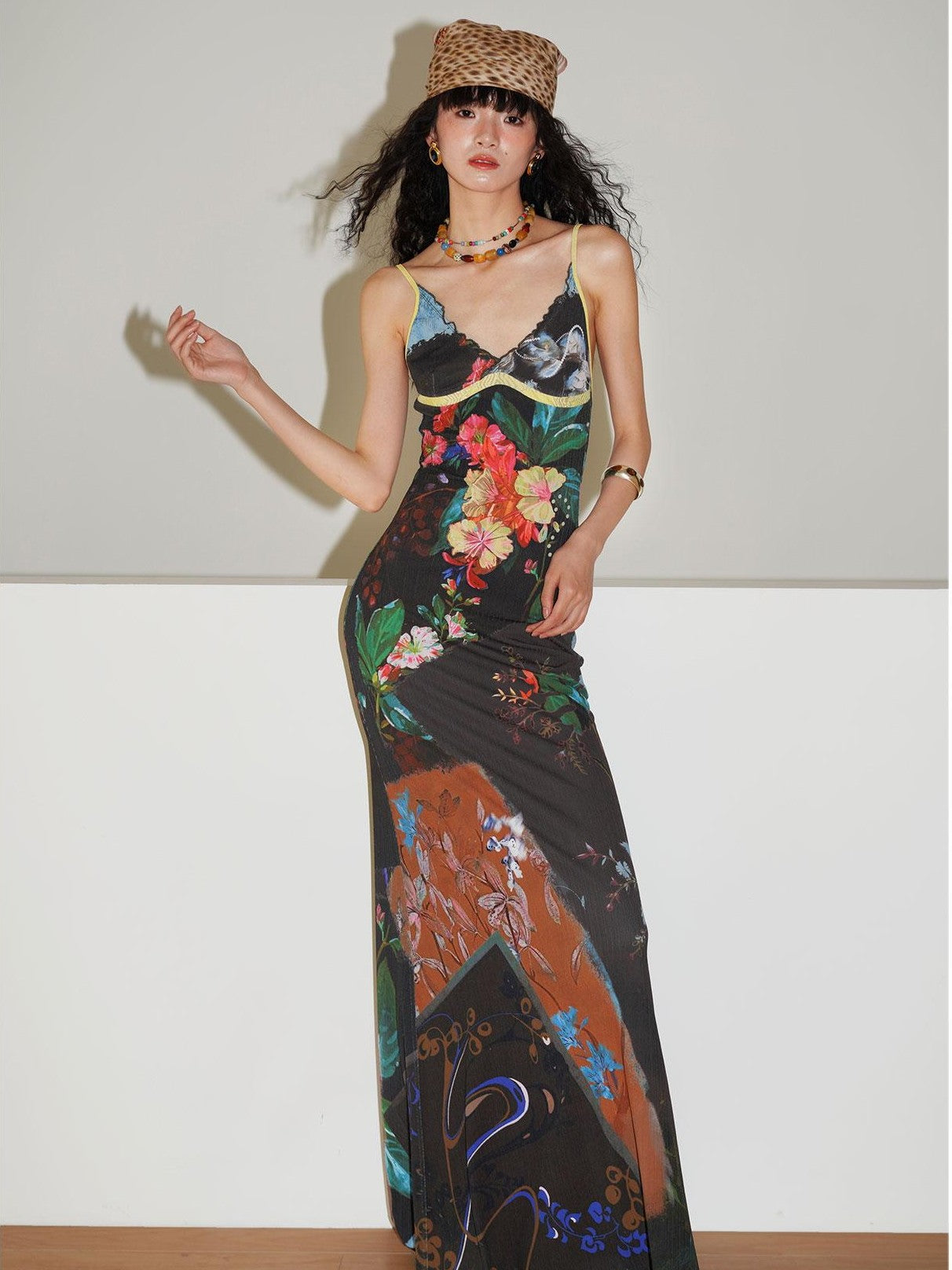 badtaste New Chinese Print V-neck Lace Mermaid Women's Slip Maxi Dresses
