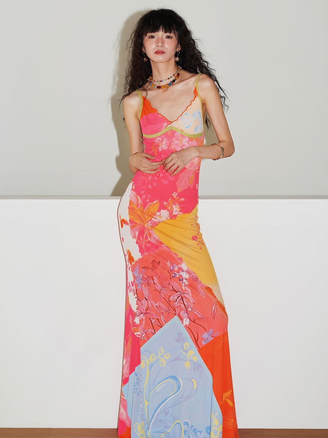 badtaste New Chinese Print V-neck Lace Mermaid Women's Slip Maxi Dresses