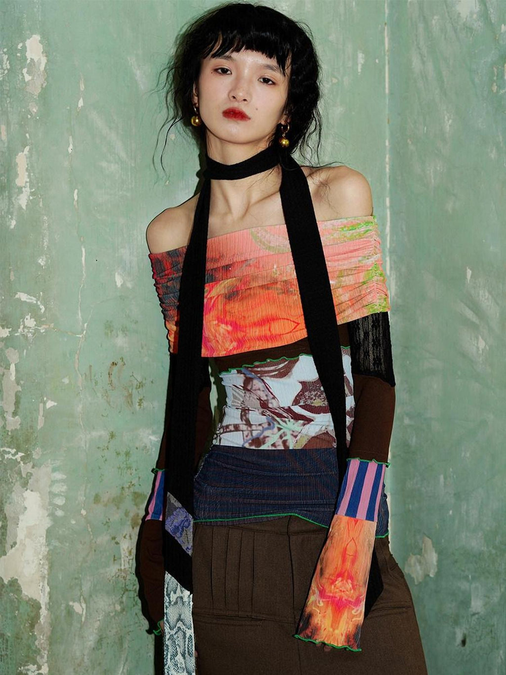 badtaste Orange Patchwork Print Convertible One Shoulder Women's Off-shoulder T-shirts