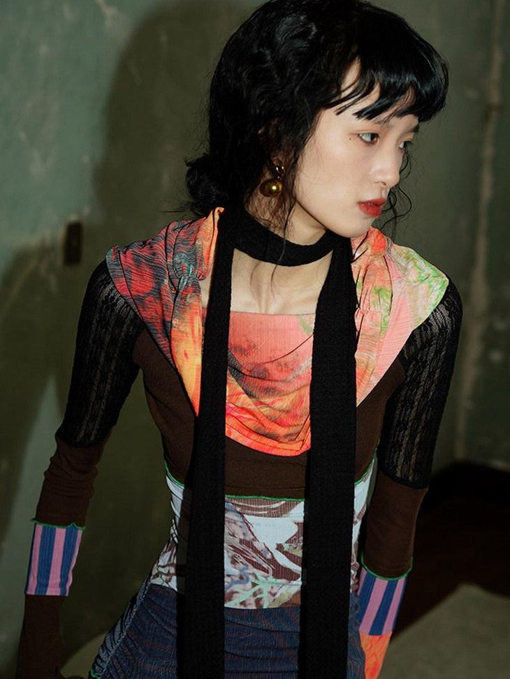 badtaste Orange Patchwork Print Convertible One Shoulder Women's Off-shoulder T-shirts