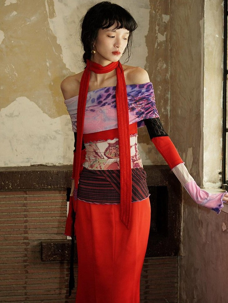 badtaste Orange Patchwork Print Convertible One Shoulder Women's Off-shoulder T-shirts