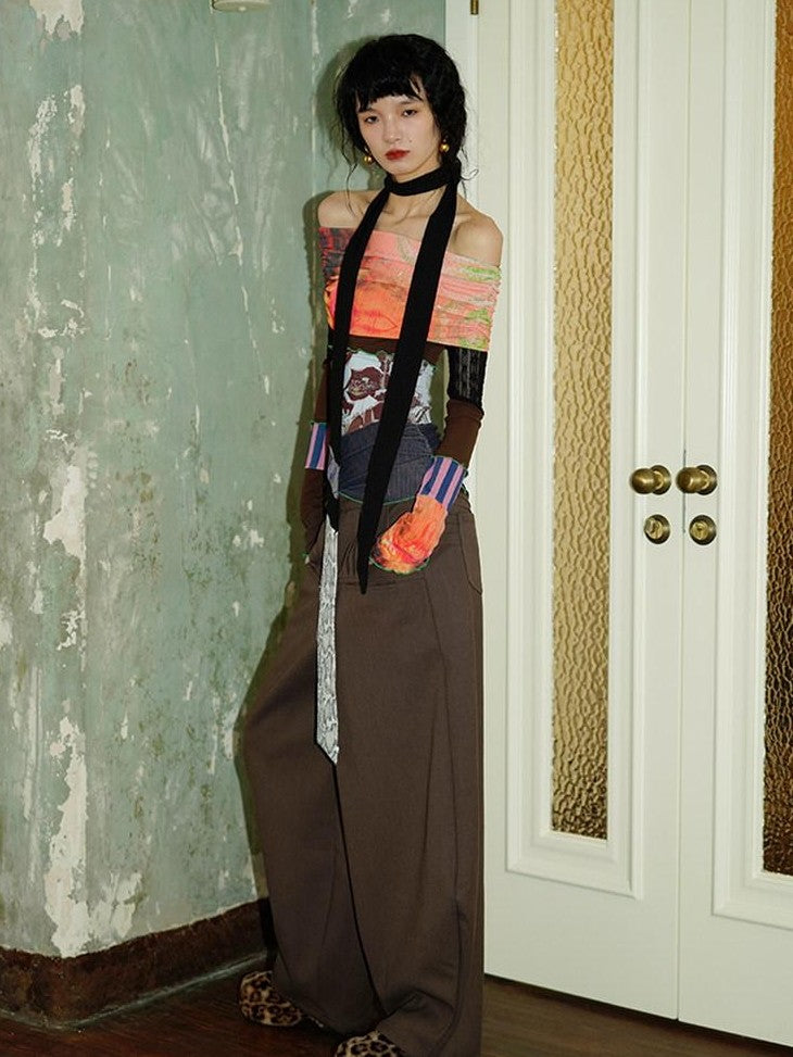 badtaste Orange Patchwork Print Convertible One Shoulder Women's Off-shoulder T-shirts