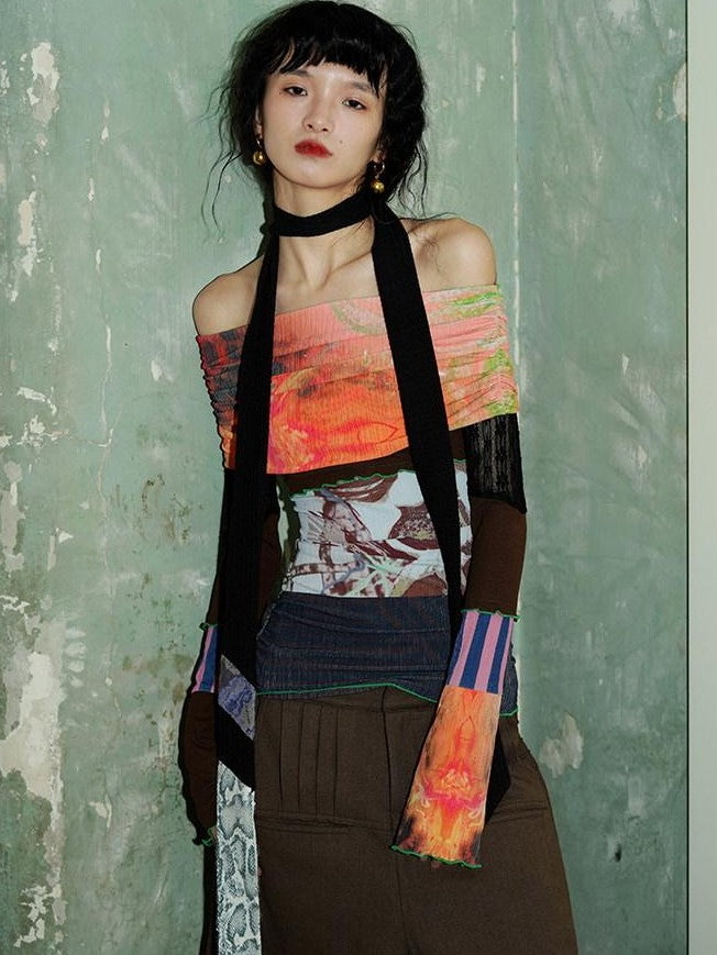 badtaste Orange Patchwork Print Convertible One Shoulder Women's Off-shoulder T-shirts