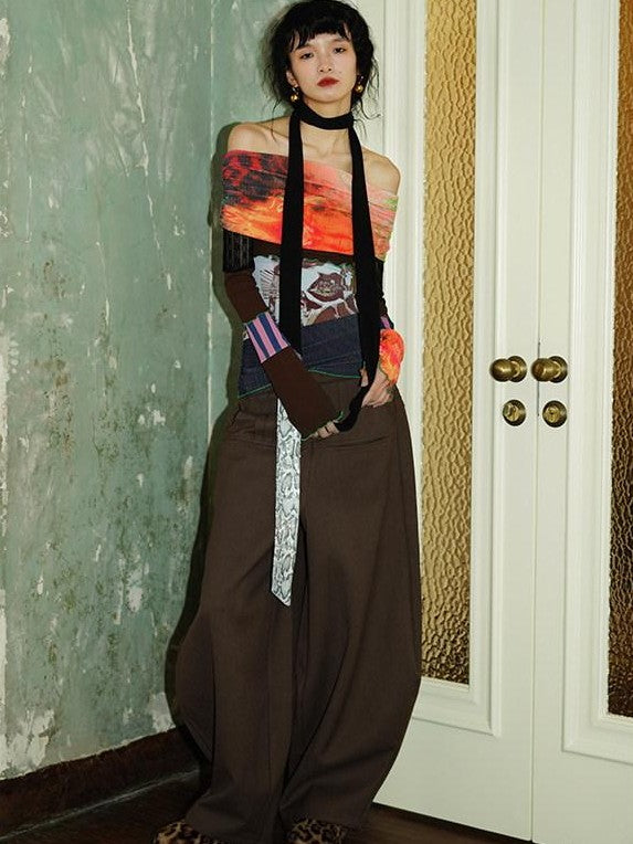 badtaste Orange Patchwork Print Convertible One Shoulder Women's Off-shoulder T-shirts