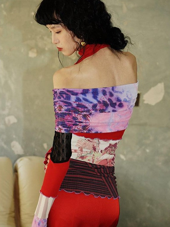 badtaste Orange Patchwork Print Convertible One Shoulder Women's Off-shoulder T-shirts
