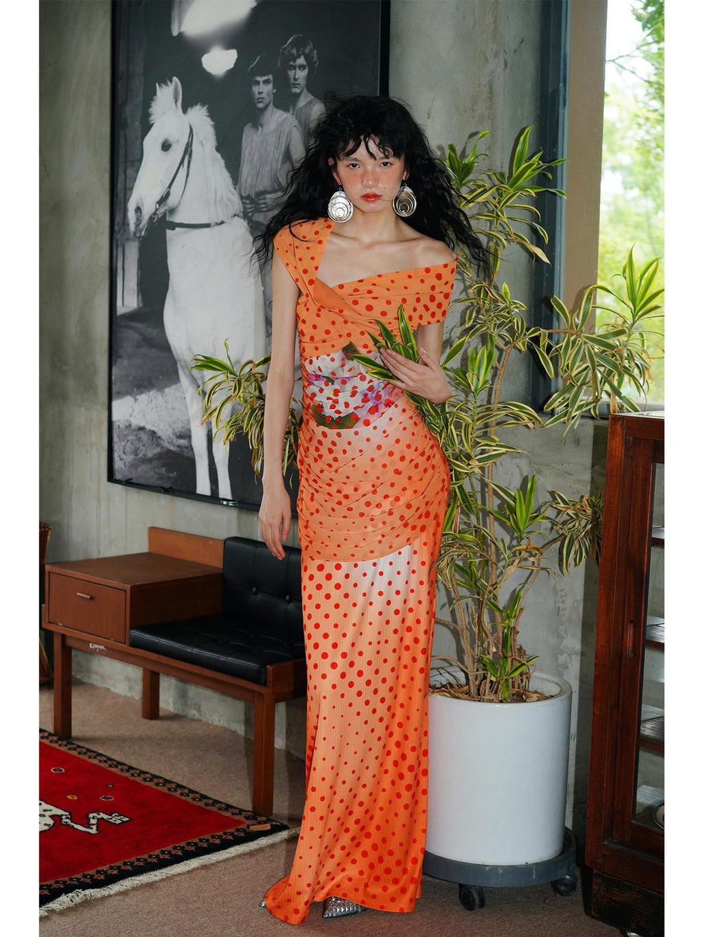 badtaste Orange Polka Dot Off Shoulder Multiway Slim Women's Beach Maxi Dresses
