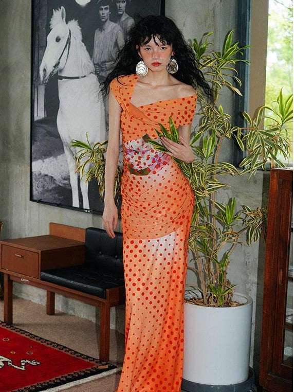 badtaste Orange Polka Dot Off Shoulder Multiway Slim Women's Beach Maxi Dresses