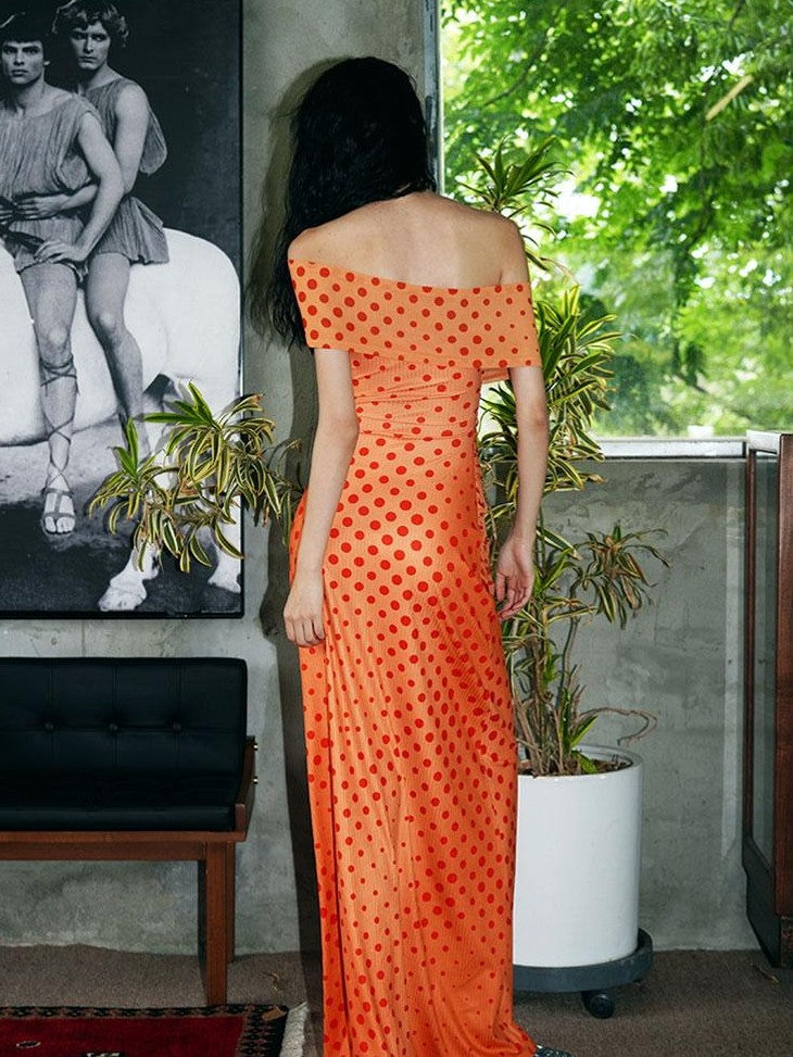 badtaste Orange Polka Dot Off Shoulder Multiway Slim Women's Beach Maxi Dresses