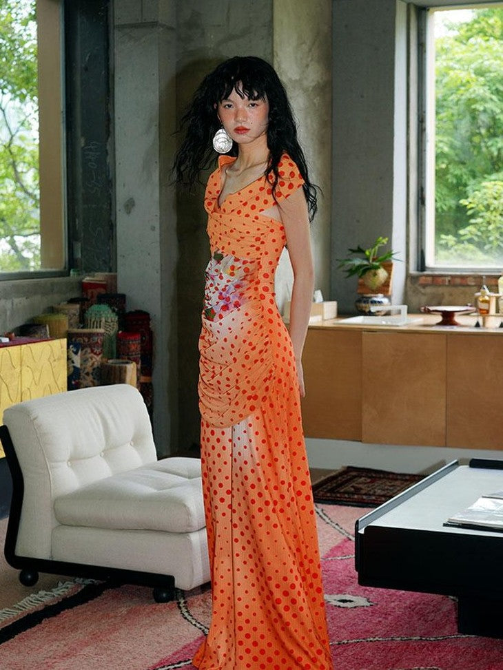 badtaste Orange Polka Dot Off Shoulder Multiway Slim Women's Beach Maxi Dresses