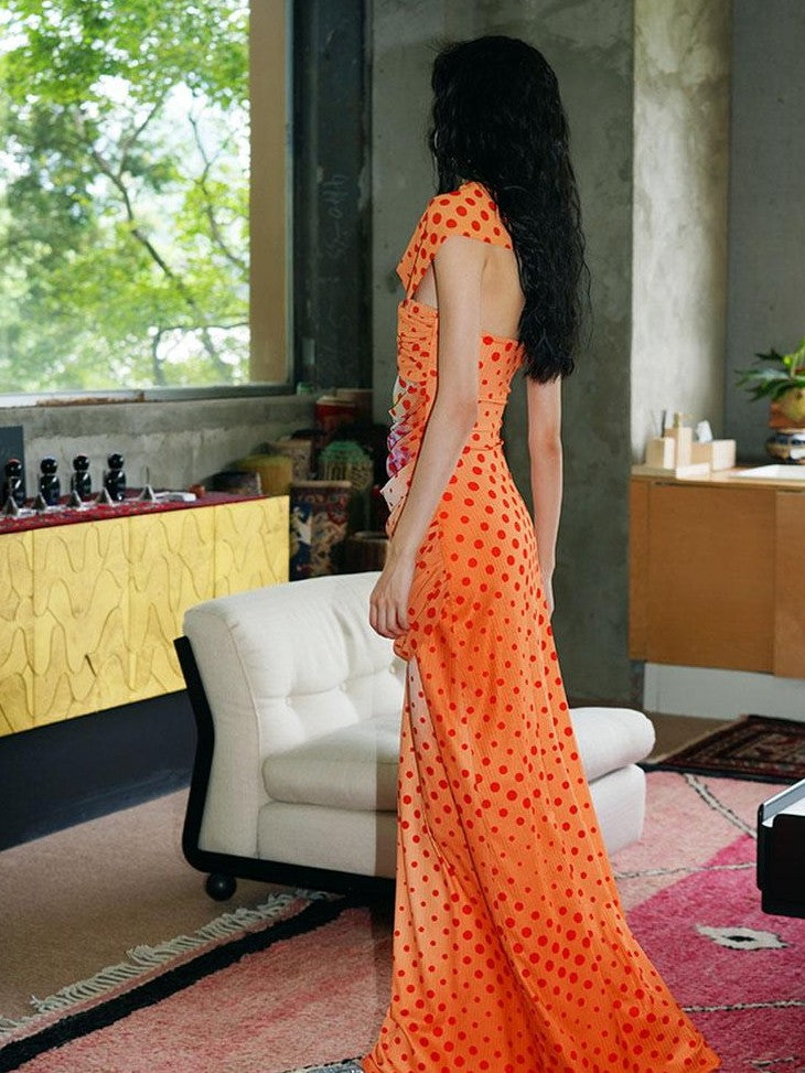 badtaste Orange Polka Dot Off Shoulder Multiway Slim Women's Beach Maxi Dresses