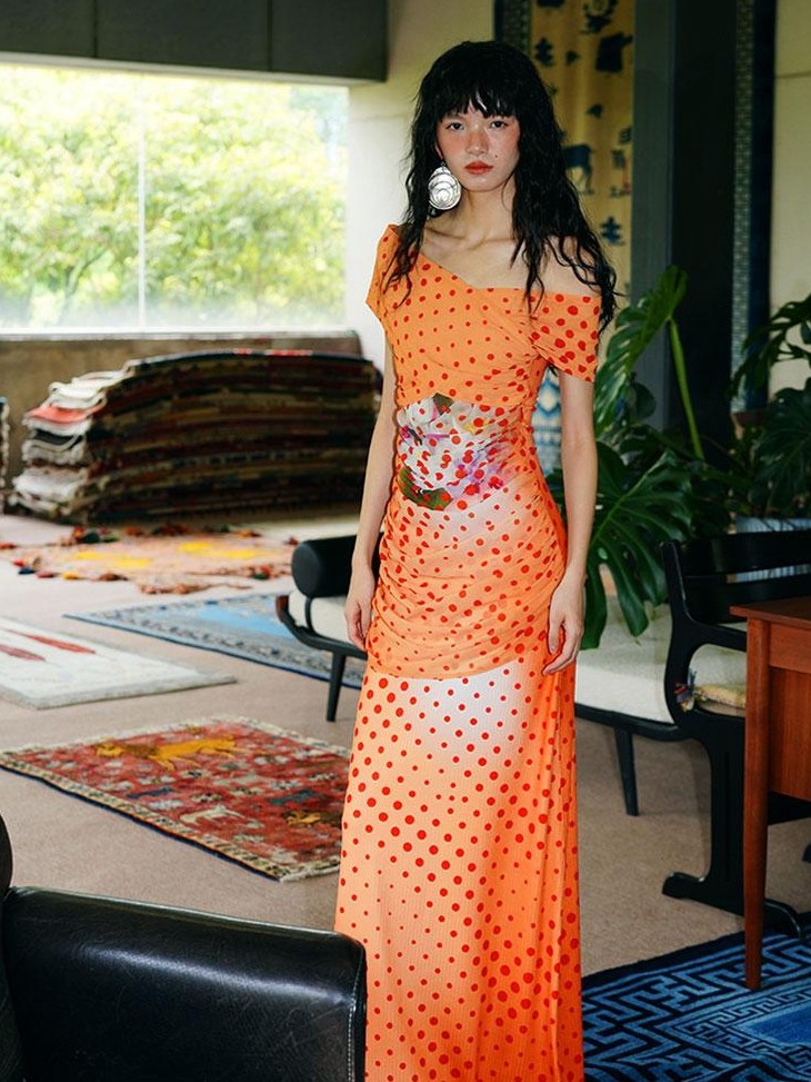 badtaste Orange Polka Dot Off Shoulder Multiway Slim Women's Beach Maxi Dresses