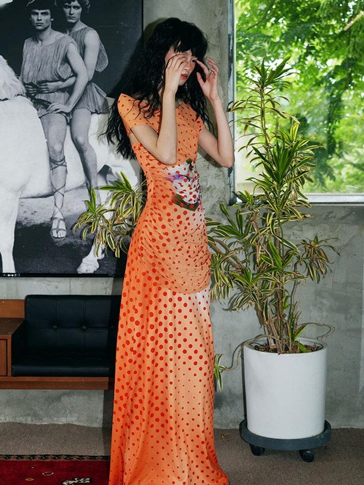 badtaste Orange Polka Dot Off Shoulder Multiway Slim Women's Beach Maxi Dresses