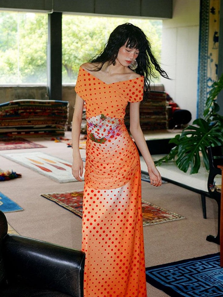 badtaste Orange Polka Dot Off Shoulder Multiway Slim Women's Beach Maxi Dresses