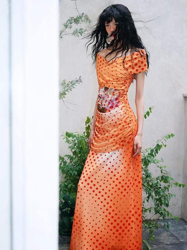 badtaste Orange Polka Dot Off Shoulder Multiway Slim Women's Beach Maxi Dresses