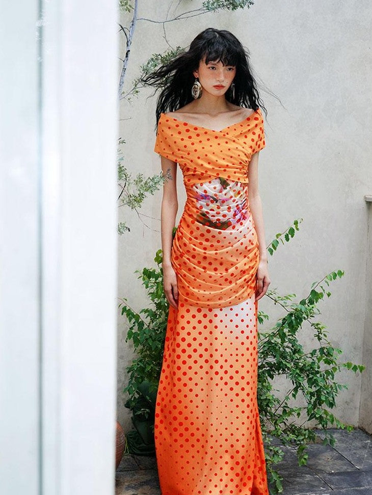 badtaste Orange Polka Dot Off Shoulder Multiway Slim Women's Beach Maxi Dresses