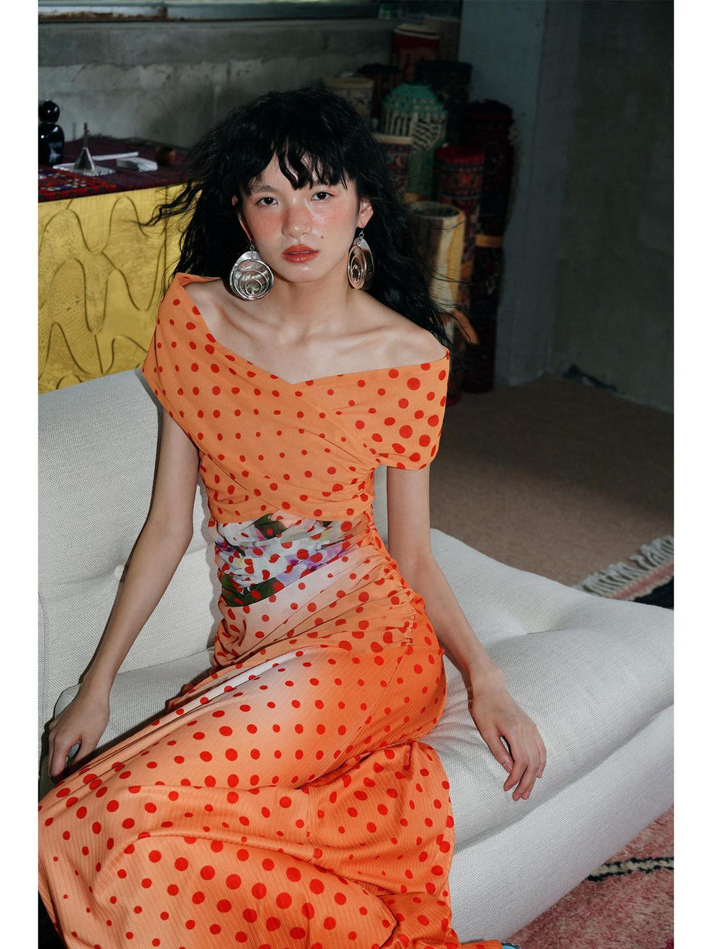 badtaste Orange Polka Dot Off Shoulder Multiway Slim Women's Beach Maxi Dresses
