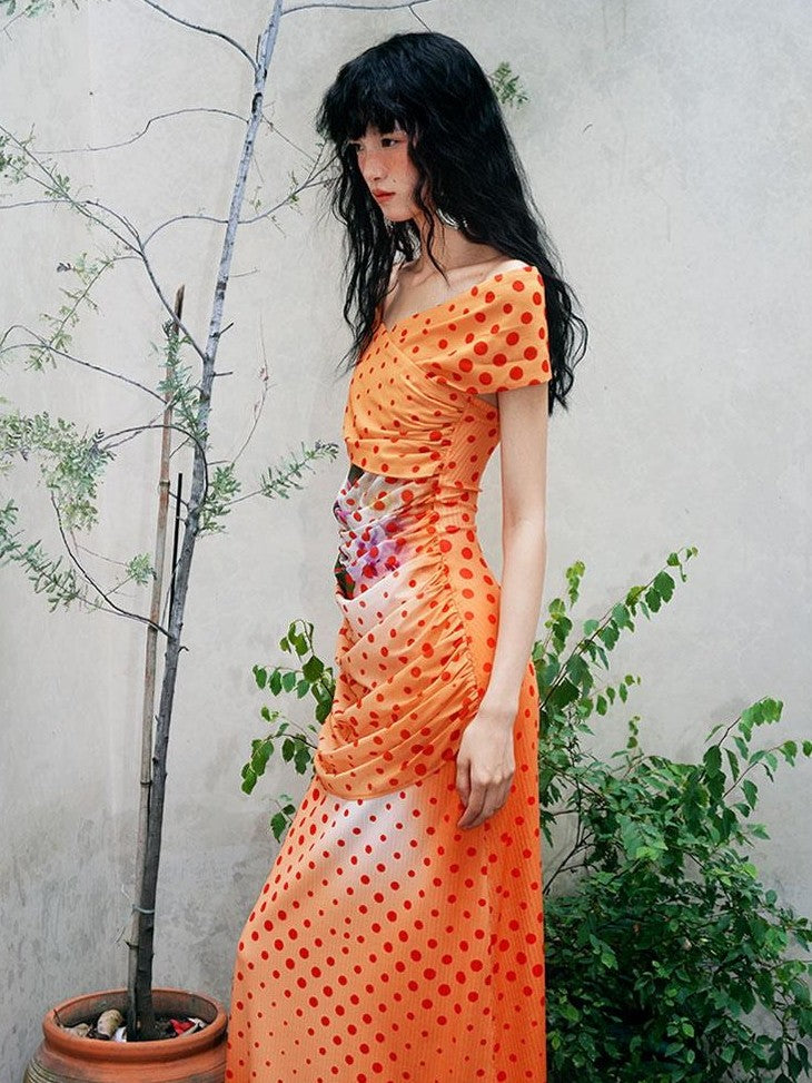 badtaste Orange Polka Dot Off Shoulder Multiway Slim Women's Beach Maxi Dresses